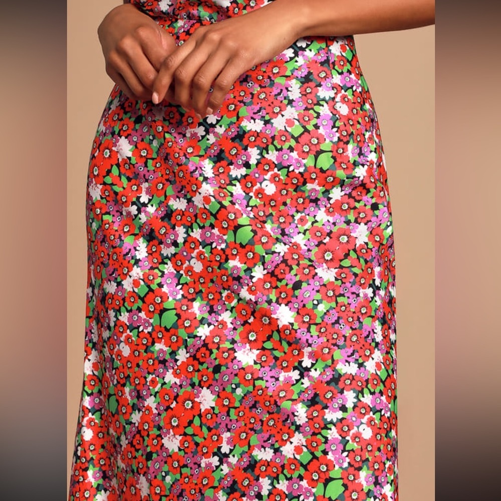 Lulu’s Zenia Coral Red Multi Floral Print Midi Skirt - Picture 4 of 12